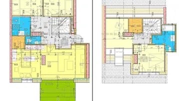Grundriss-Skizzen für Untergeschoss und Obergeschoss mit Raumaufteilung und Balkon.