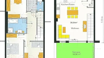 Grundrissdarstellung von zwei Etagen mit Wohnbereich, Küche, Terrasse und Schlafzimmern.