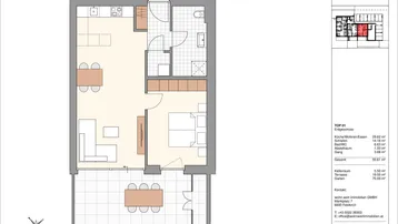 Grundriss für Wohnung TOP 01 mit offenem Wohnbereich, Schlafzimmer, Bad und großer Terrasse.