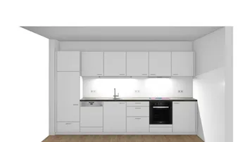 Moderne Einbauküche in Weiß mit integrierten Geräten und Holzfußboden.