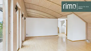 Heller Wohnraum mit einzigartiger gewölbter Holzdecke, großen Fenstern und Zugang zu einem Balkon.