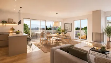 Helles, offenes Wohn-Esszimmer mit integrierter Küche, Kamin und Zugang zur Terrasse.