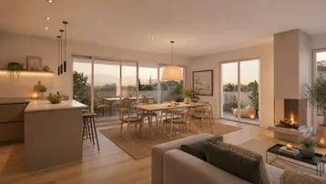 Lichtdurchfluteter offener Wohn- und Essbereich mit moderner Küche, Kamin und Zugang zur Terrasse.