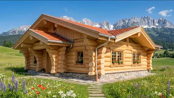 Neues Blockhaus in alpiner Landschaft mit Bergen im Hintergrund und blühender Wiese im Vordergrund.