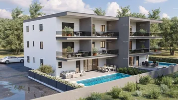 Moderne Wohnanlage mit mehreren Balkonen, Terrassen und einem Swimmingpool im Außenbereich.