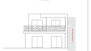 Architektonische Zeichnung der Südwestfassade des Gebäudes mit Balkon und großen Fenstern.