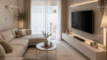 Helles, modernes Wohnzimmer mit großem Ecksofa, TV-Wand und Zugang zu einer Terrasse.