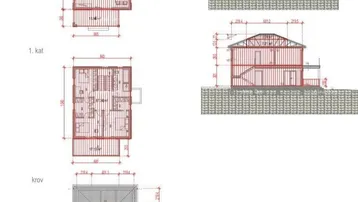 Grundrisse und Querschnitte eines Hauses mit Erdgeschoss, Obergeschoss, Dachplan und Terrassen.