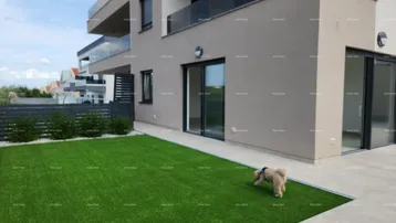 Moderne Wohnanlage mit gepflegtem Rasenbereich und Zugang zu den Terrassen im Erdgeschoss.