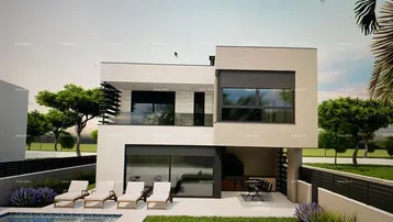 Moderne Villa mit klaren Linien, privatem Pool und Liegebereich im Freien.