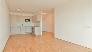 Heller Wohnbereich mit integrierter Küchenzeile und Laminatboden, bereit zur individuellen Gestaltung.