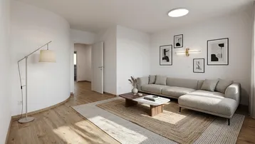 Helles, modern eingerichtetes Wohnzimmer mit beigem Ecksofa, Holzboden und stilvollen Wanddekorationen.