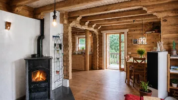 Offener Wohn- und Essbereich mit Holzbalken, Kaminofen und Zugang zu einem Balkon.