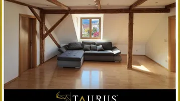 Gemütliches Wohnzimmer mit sichtbaren Holzbalken, Parkettboden und einem Fenster mit Blick ins Grüne.