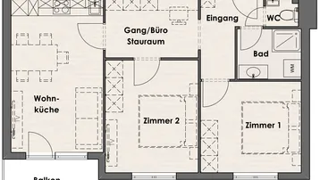 Detaillierter Grundriss einer Wohnung mit Wohnküche, zwei Zimmern, Bad, separatem WC und Balkon.