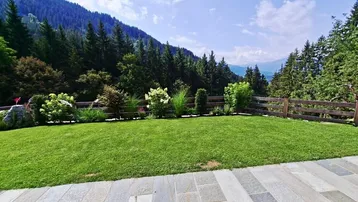 Gepflegter Rasenbereich mit Steinterrasse und weitem Blick auf die umliegenden Berge und Wälder.
