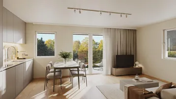 Helles, offenes Wohnzimmer mit integrierter Küche, Essbereich und Zugang zum Balkon.
