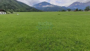 Weite grüne Wiese mit majestätischen Bergen im Hintergrund unter einem bewölkten Himmel, ideal für Naturliebhaber.