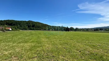 Weitläufige grüne Wiese unter blauem Himmel mit bewaldeten Hügeln und Häusern in der Ferne.