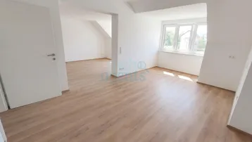 Helles, leeres Zimmer mit Laminatboden und Fenstern, die einen Blick nach draußen bieten.