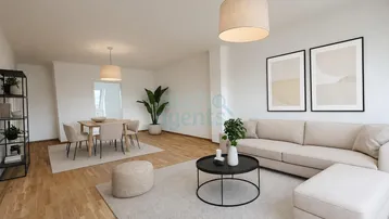 Heller, offener Wohn- und Essbereich mit modernem Design, Holzboden und bequemen Möbeln.