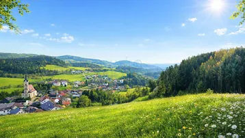 Panoramablick auf ein idyllisches Dorf in einem grünen Tal, umgeben von Wäldern und Wiesen unter strahlendem Sonnenschein.