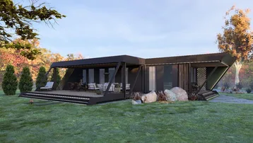 Moderne, architektonisch anspruchsvolle Villa mit großer Terrasse und Garten in grüner Umgebung.