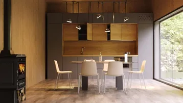 Moderne Küche mit Holzverkleidung, integrierten Geräten, Essbereich und einem gemütlichen Kaminofen.