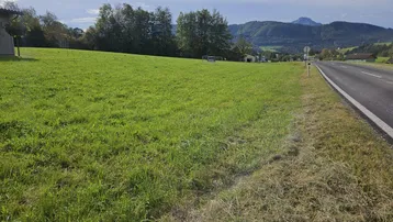Weitläufiges grünes Grundstück neben einer Landstraße mit Blick auf die umliegende Landschaft und Berge.