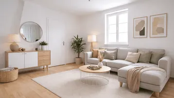Helles und modern eingerichtetes Wohnzimmer mit beigem Sofa, Holzboden und einem großen Fenster.