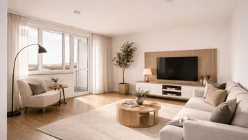 Helles, modern eingerichtetes Wohnzimmer mit Parkettboden, großem Sofa und Zugang zum Balkon.