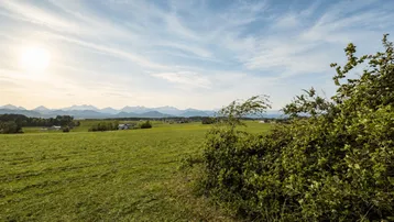 Weitläufige grüne Landschaft mit sanften Hügeln und einer beeindruckenden Bergkette am Horizont unter blauem Himmel.