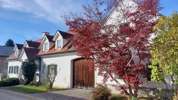 Traditionelles Landhaus mit weißer Fassade, rotem Ziegeldach und herbstlicher Bepflanzung unter blauem Himmel.