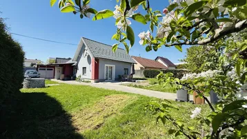 Hausansicht vom Garten aus mit blühenden Bäumen im Vordergrund und viel Grünfläche.