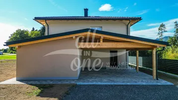 Modernes Einfamilienhaus mit integriertem Carport und gepflasterter Zufahrt, umgeben von Natur.