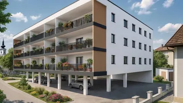 Modernes Mehrfamilienhaus mit Balkonen, Holzverkleidung und überdachten Stellplätzen in grüner Umgebung.