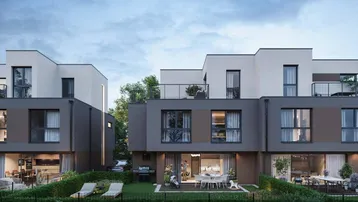 Moderne Reihenhäuser mit privaten Gärten und möblierten Terrassen, ideal für entspanntes Wohnen im Freien.