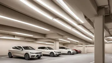 Helle Tiefgarage mit mehreren Stellplätzen, moderner Beleuchtung und sauberem Betonboden.
