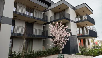 Modernes Mehrfamilienhaus mit Balkonen und einem blühenden Kirschbaum im Vorgarten.