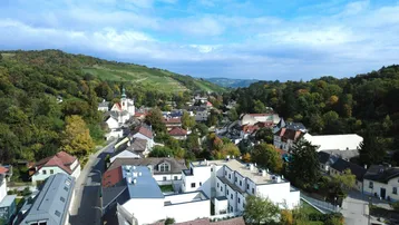 Panoramablick auf eine malerische Stadt mit Weinbergen und bewaldeten Hügeln unter blauem Himmel.