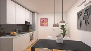 Moderne Einbauküche mit weißen Schränken und Essbereich mit Holzboden und stilvollen Pendelleuchten.