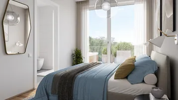 Helles Schlafzimmer mit Zugang zum Balkon, modernem Design und angrenzendem Badezimmer.
