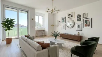 Helles Wohnzimmer mit modernem Mobiliar, Holzboden und Zugang zum Balkon.