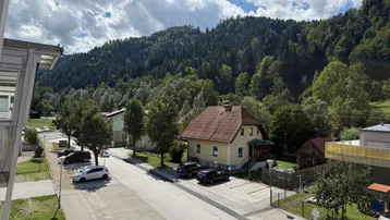 Blick von oben auf eine Wohnstraße mit Häusern und bewaldeten Bergen im Hintergrund unter bewölktem Himmel.