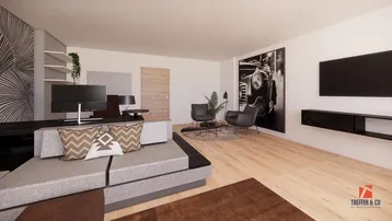 Modernes Wohnzimmer mit bequemer Sitzecke, Fernseher und hellem Holzboden, ideal zum Entspannen.