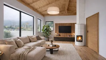 Gemütliches Wohnzimmer mit Holzbalkendecke, Kamin und großen Fenstern mit Blick ins Grüne.