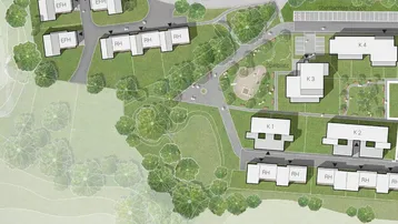 Übersichtsplan des Wohngebiets mit verschiedenen Gebäudetypen, Spielplatz und Carports.