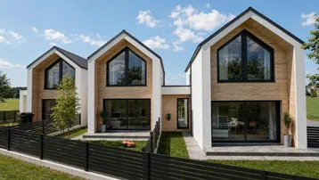 Moderne Doppelhaushälfte mit Holzfassade, großen Fenstern und gepflegtem Vorgarten.
