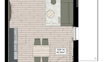 Grundriss einer 1-Zimmer-Wohnung mit offenem Wohnbereich, Schlafzimmer und Bad.