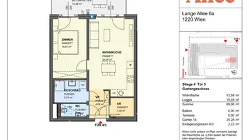 Grundriss einer Wohnung mit Loggia und Gartenanteil, detaillierte Legende und Flächenangaben.